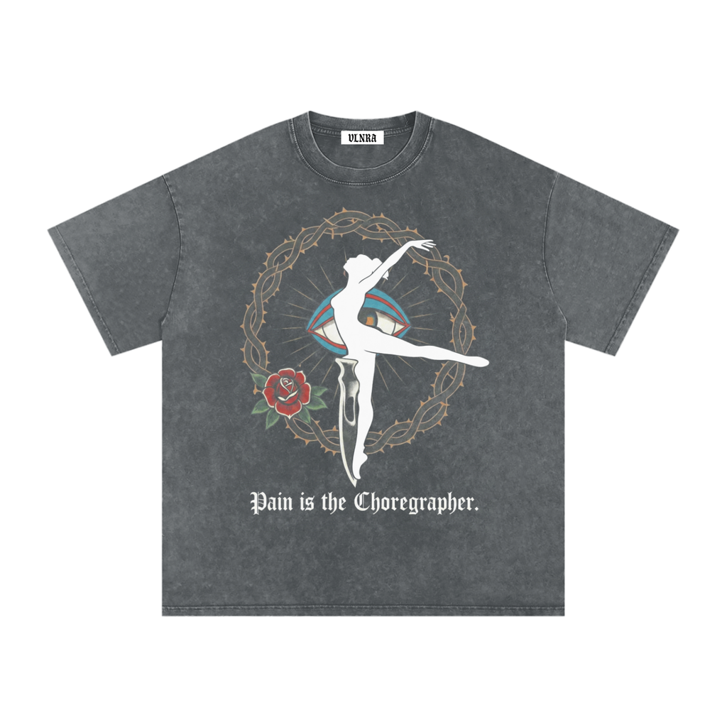 VLNRA | Pain is the Choreographer | 250 GSM Snow Wash Tee | White Design
