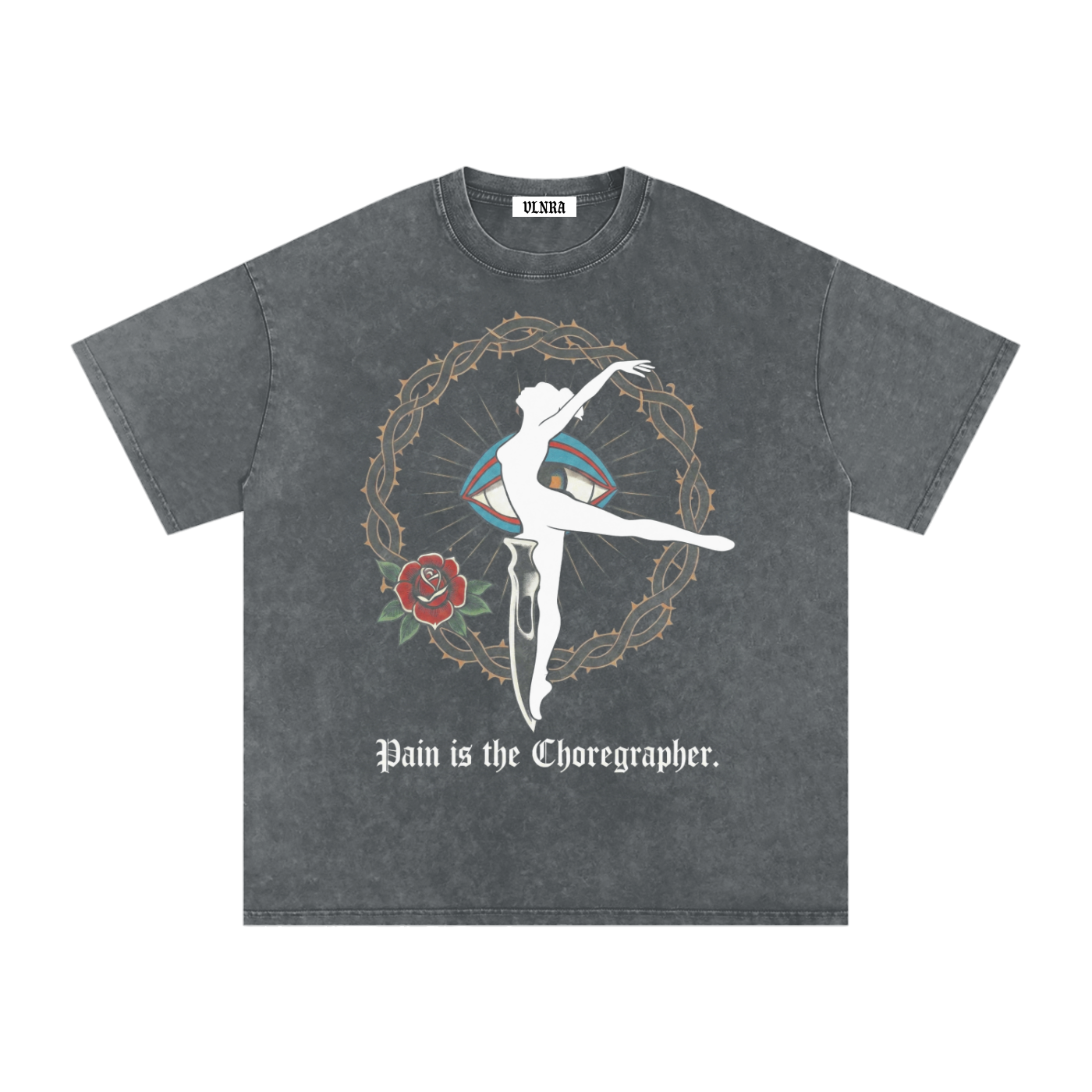 VLNRA | Pain is the Choreographer | 250 GSM Snow Wash Tee | White Design