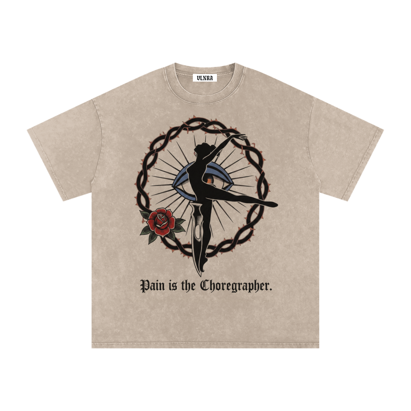 VLNRA | Pain is the Choreographer | 250 GSM Snow Wash Tee | Black Design