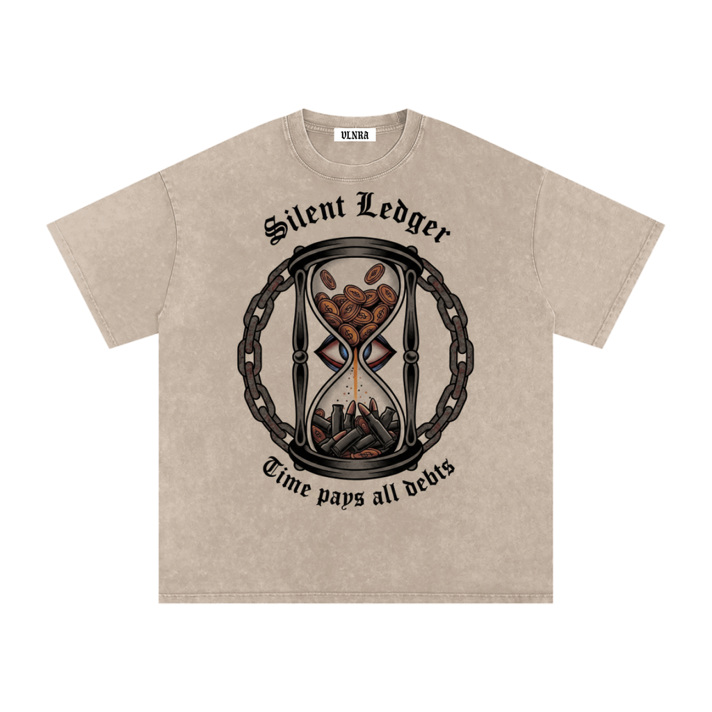 VLNRA | Silent Ledger | 250 GSM Snow Wash Tee | Black Design