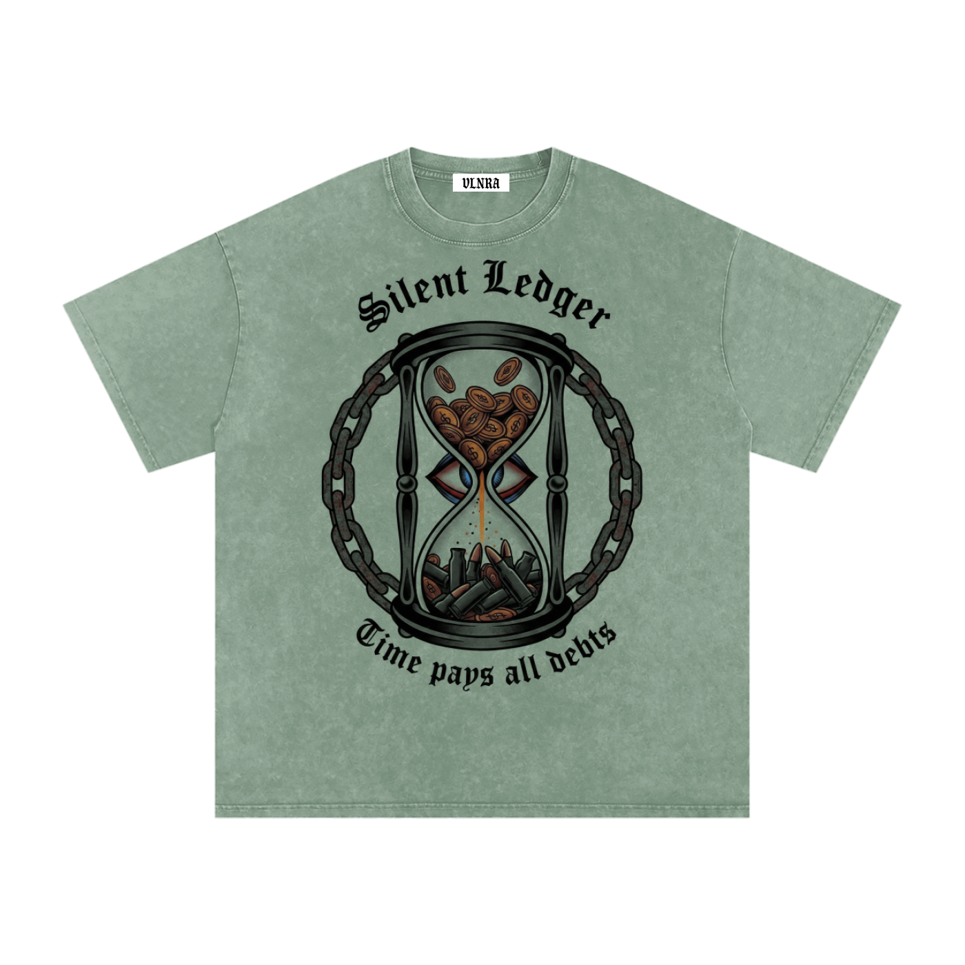 VLNRA | Silent Ledger | 250 GSM Snow Wash Tee | Black Design