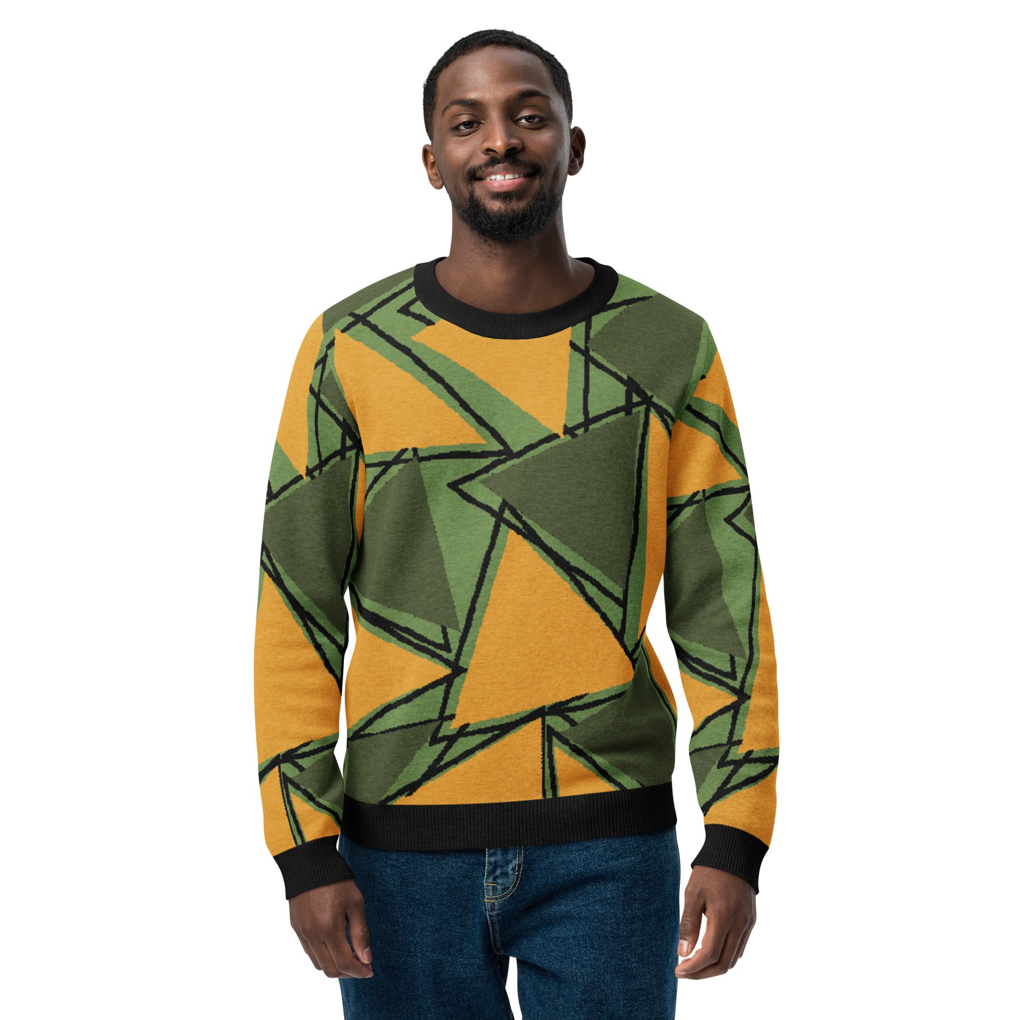 メンズウェア COLORFUL GEOMETRY PATTERN JQD KNIT CREW The Intersect' Knit Sweater (Olive-Mustard) - Unisex – Opulensyea
